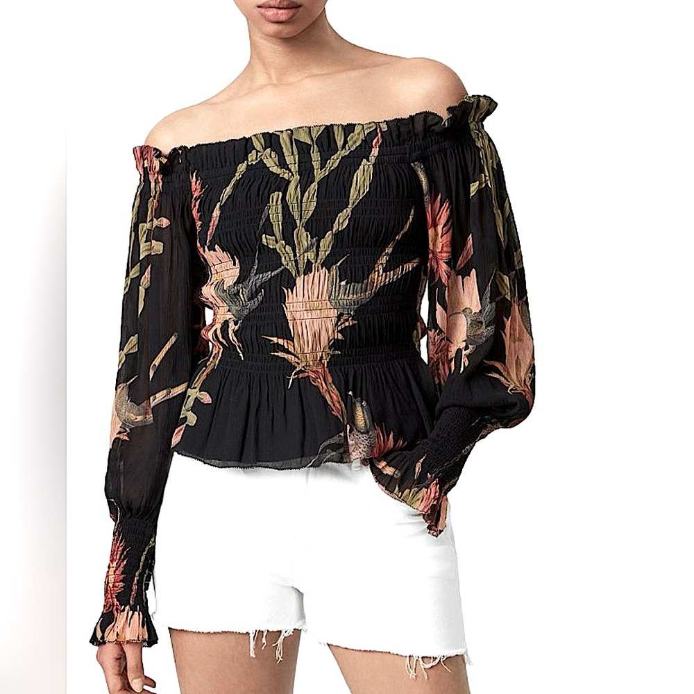 All Saints Black Floral Off-Shoulder Top